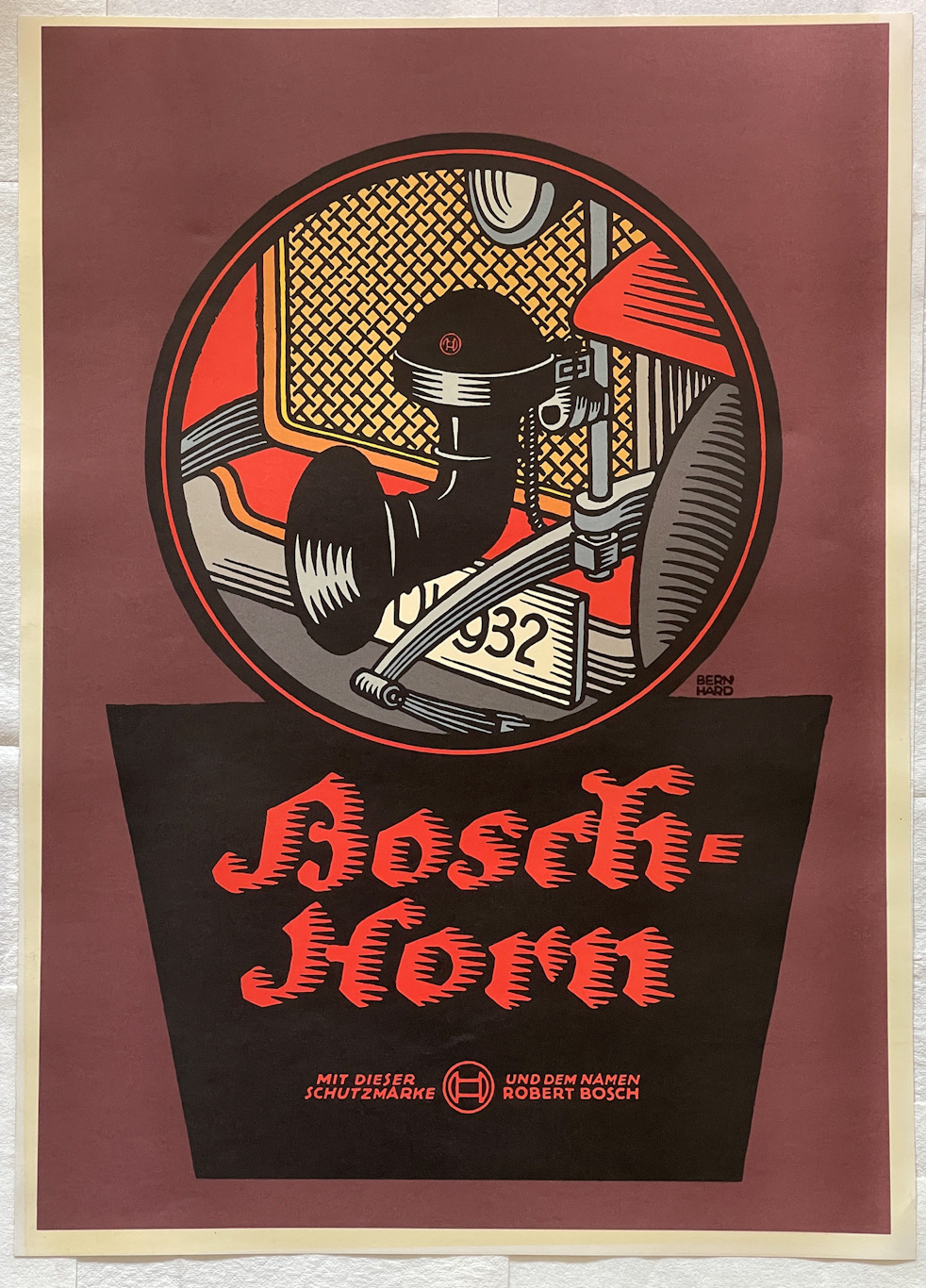 RARE!!! AUTHENTIC BOSCH / LUCIAN BERNHARD LITHOGRAPH WITH PRINTED DESCRIPTION BACKPLATE - “BOSCH HORN” - CIRCA 1921