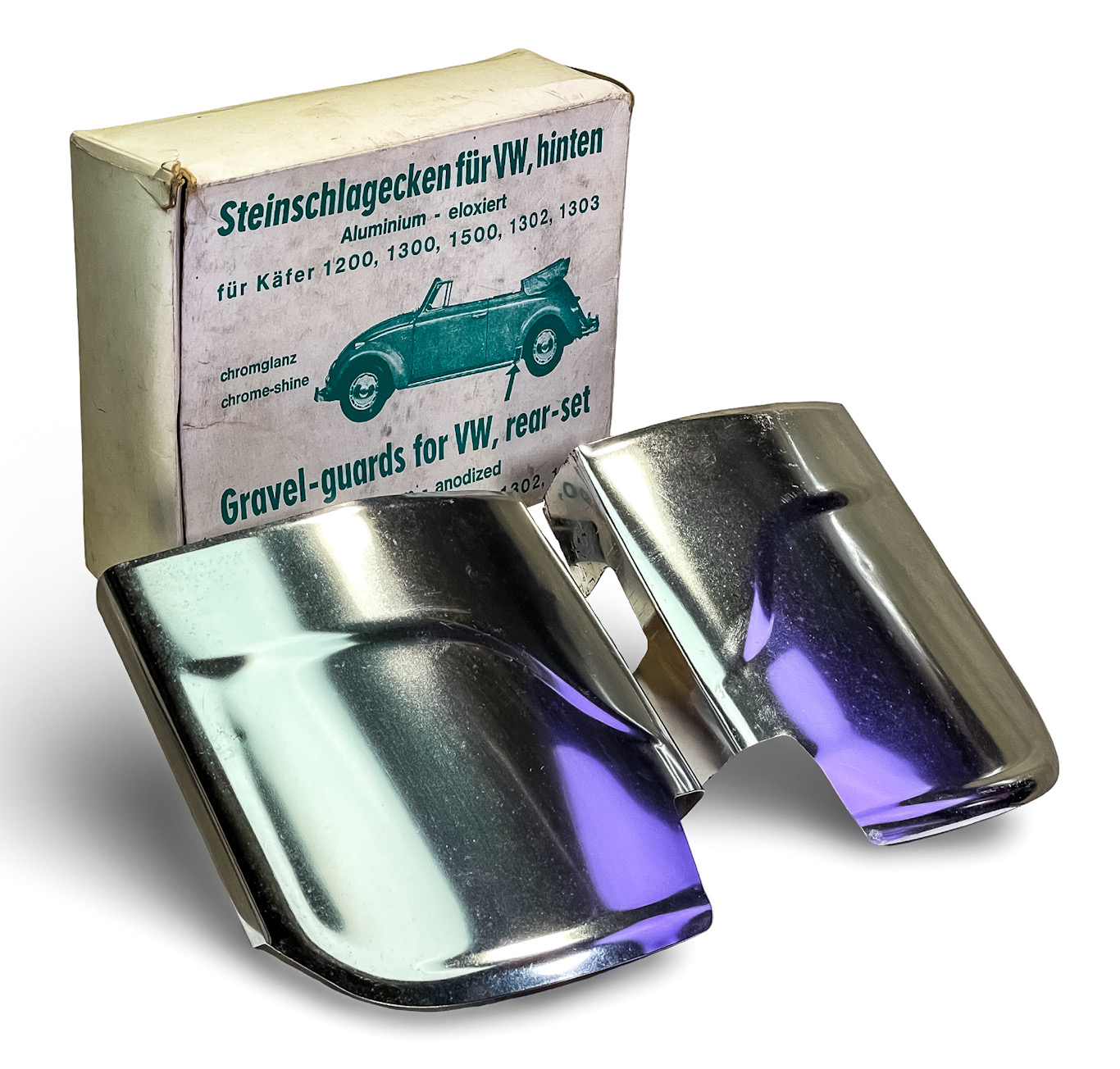 NOS IN BOX - VINTAGE GERMAN VOLKSWAGEN REAR-SET ANODIZED ALUMINUM GRAVEL GUARDS / STONE CHIP CORNERS FOR 1950-79 VW TYPE 1 BEETLE 1200, 1300, 1302, 1303 & 1961-73 TYPE 3 1500