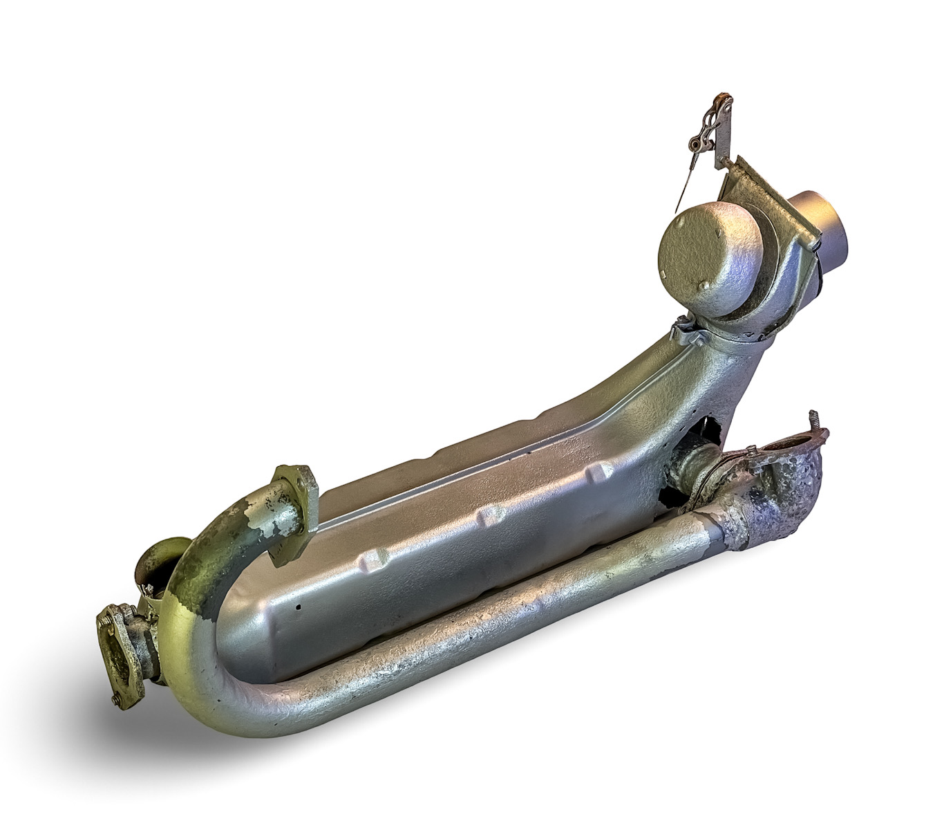 PRE OWNED GENUINE OEM GERMAN VW HEATER BOX / HEAT EXCHANGER WITH CROSSOVER PIPE  |  VW FUEL INJECTED TYPE 1 BEETLE BUG  -  DRIVER SIDE