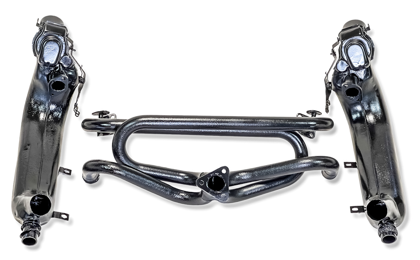 OEM GERMAN VOLKSWAGEN 3-BOLT BAJA / STREET EXHAUST HEADER 3/8” FLANGES + OEM HEATER BOXES LEFT & RIGHT 1300-1600cc TYPE 1 BEETLE TYPE 14 34 145 TC KARMANN GHIA TYPE 2 BUS THING 043255107H 043255108H