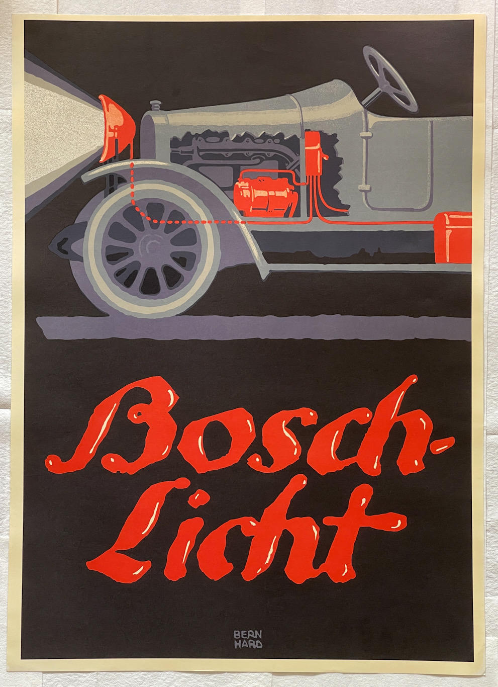 RARE!!! AUTHENTIC BOSCH / LUCIAN BERNHARD LITHOGRAPH WITH PRINTED DESCRIPTION BACKPLATE - “Bosch Licht (Bosch headlights)” - CIRCA 1913