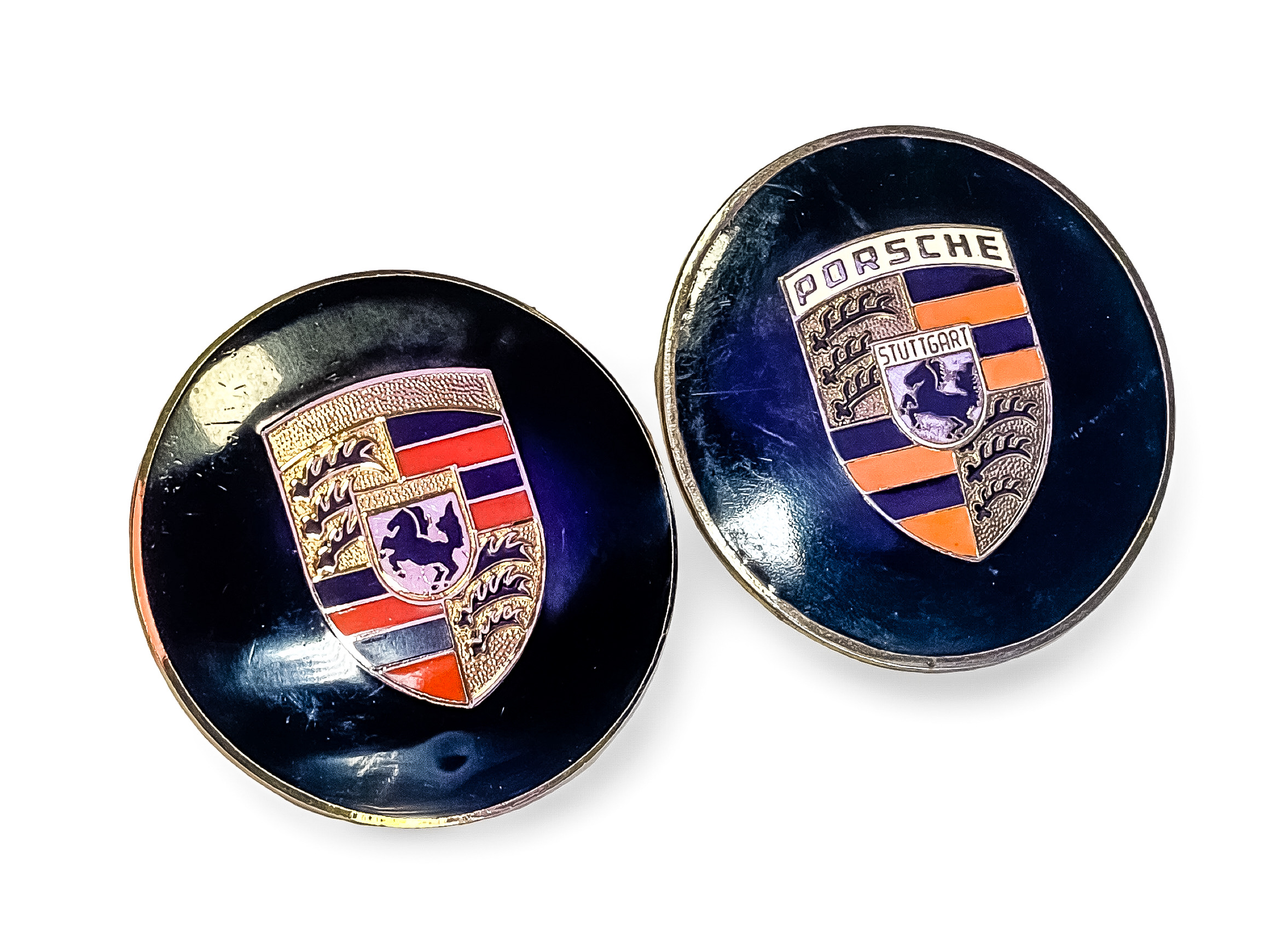 SET OF 2 PORSCHE HUB CAP BADGES / EMBLEMS IN GOOD CONDITION