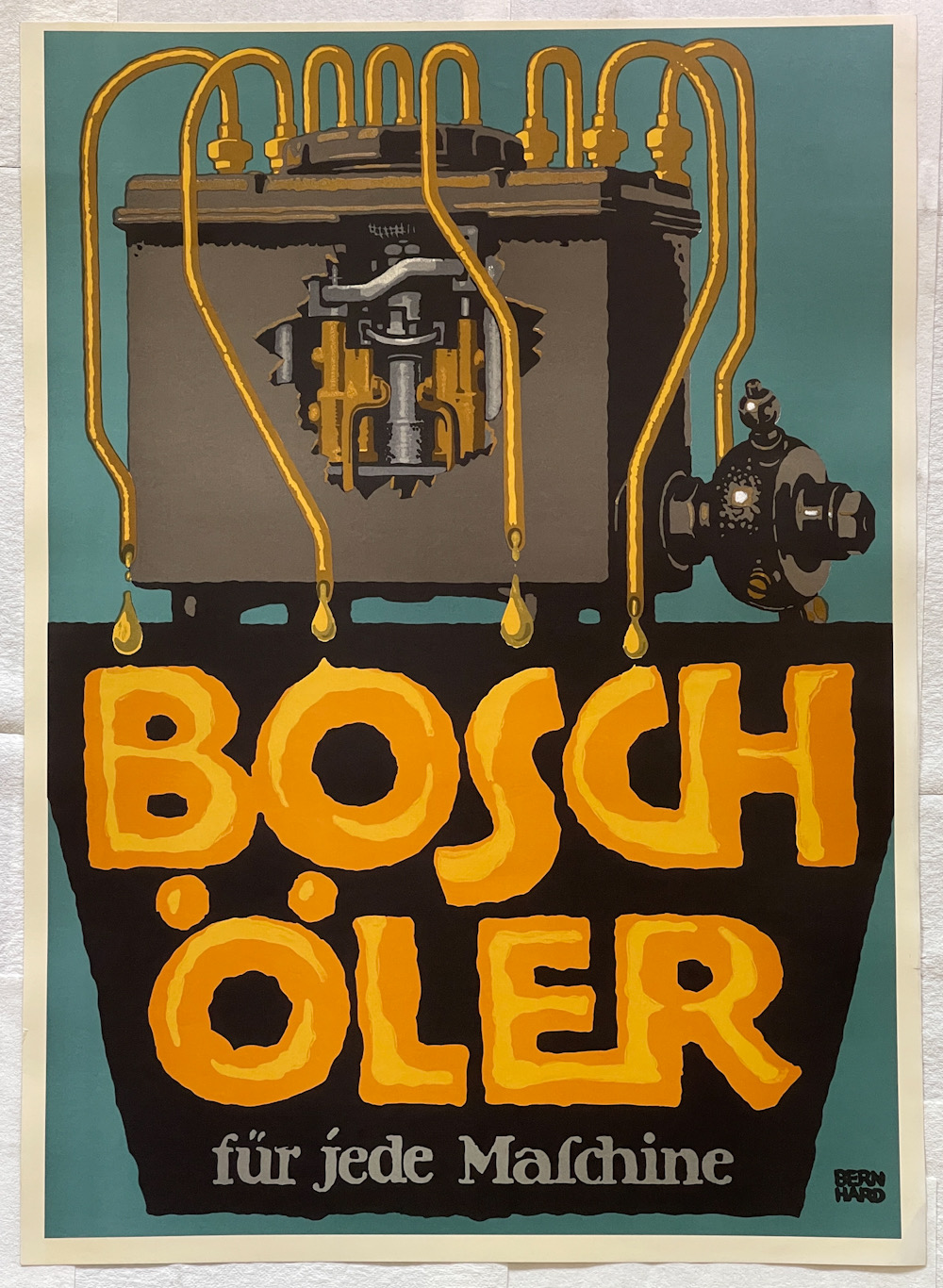 RARE!!! AUTHENTIC BOSCH / LUCIAN BERNHARD LITHOGRAPH WITH PRINTED DESCRIPTION BACKPLATE - “Bosch Oler fur jede Maschine” - CIRCA 1910