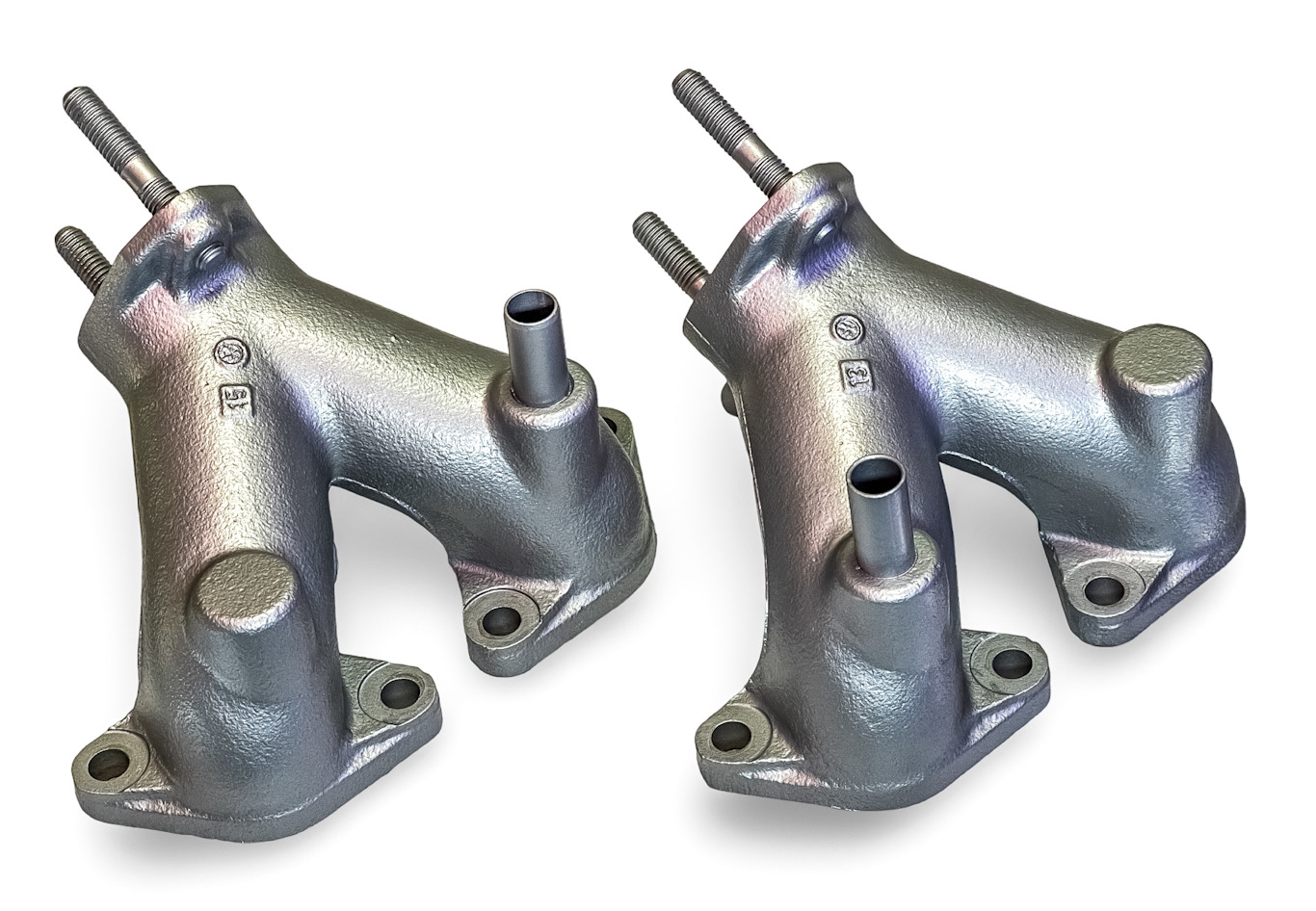 021129705L / 021129706L - PRE OWNED RECONDITIONED GENUINE STOCK OEM GERMAN VW VOLKSWAGEN DUAL CARBURETOR INTAKE MANIFOLDS LEFT & RIGHT FOR 1972 TYPE 2 BUS / TYPE 4 ENGINE