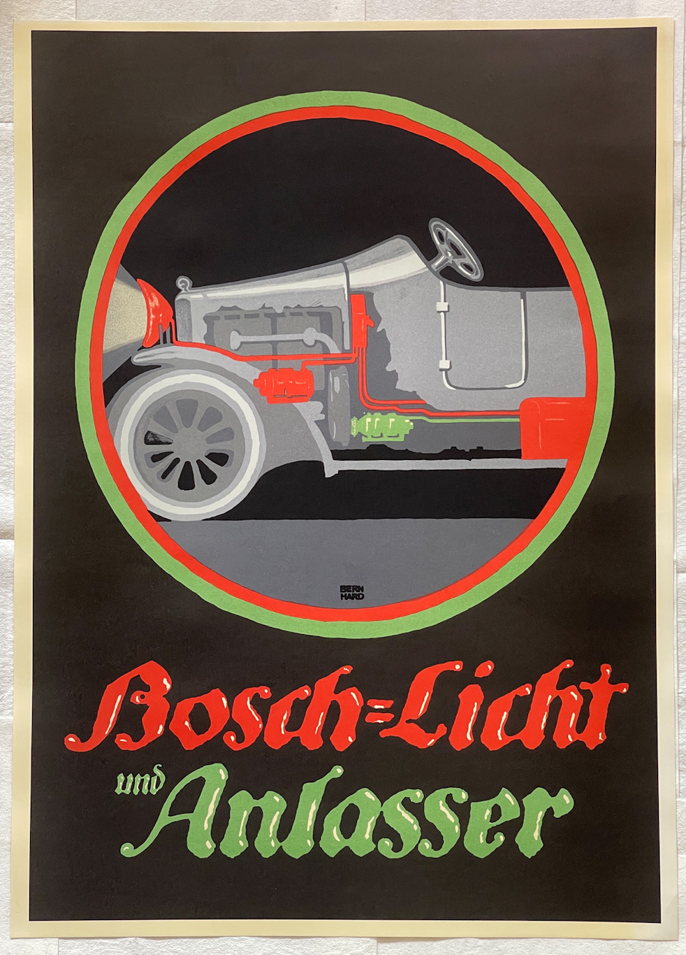 RARE!!! AUTHENTIC BOSCH / LUCIAN BERNHARD LITHOGRAPH WITH PRINTED DESCRIPTION BACKPLATE - “Bosch-Licht und Anlasser” - CIRCA 1914