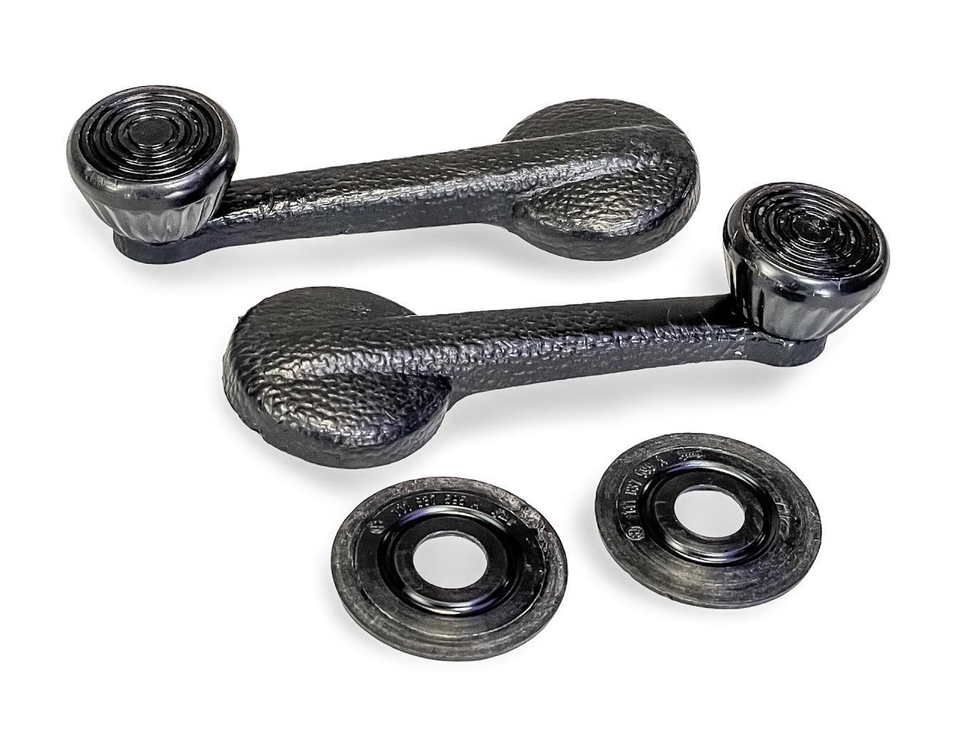 111837579A / 111837595A - USED VERY GOOD GENUINE OEM GERMAN VW VOLKSWAGON BLACK WINDOW WINDERS & OEM WINDOW CRANK BUFFERS / COLLARS FOR 1968-91 TYPE 1 BEETLE, KARMANN GHIA, TYPE 2 BAY WINDOW BUS, TYPE 3, VANAGON