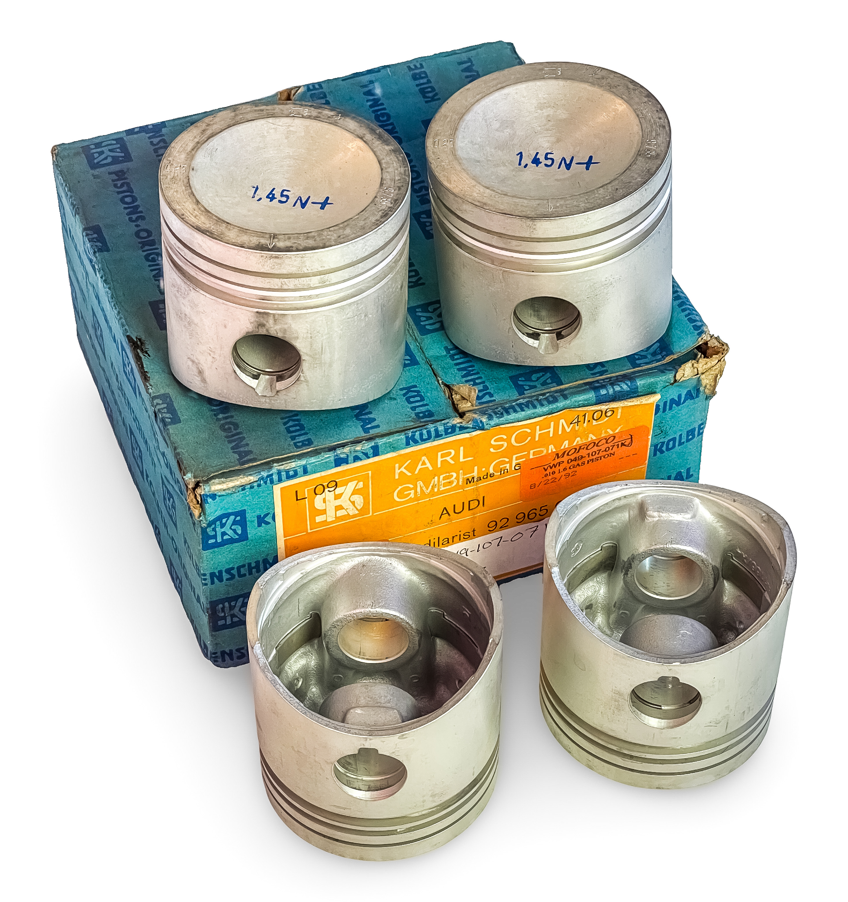 NOS OE GERMAN VW AUDI KOLBENSCHMIDT FORGED 79.76mm PISTONS SET OF 4 w/ WRIST PINS & CLIPS - 1600cc GAS ENGINES - 1968-88 AUDI 100 80 COUPE / 1973-92 VOLKSWAGEN GOLF JETTA PASSAT SANTANA SCIROCCO 049107071J